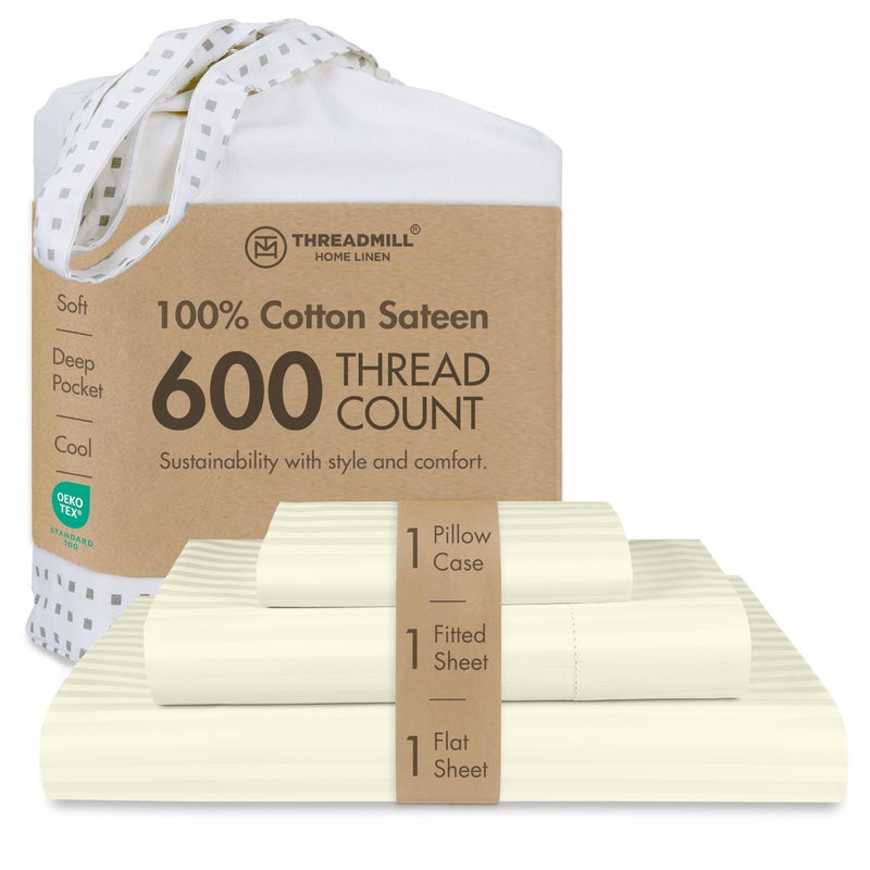 Threadmill 100% Cotton Sheets for Twin XL Size Bed - 600 Thread Count Twin XL Bed Sheets Set with 15â€ Deep Pocket - Damask Stripe Sateen Weave 3-Piece Bedding Set with Cooling Effect, Ivory - Image 1